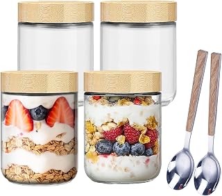 Night Oatmeal Jars, Set of 4 500ml Overnight Oatmeal Jars Glass Jars with Bamboo Thread Lids and 2 Pieces Stainless Steel Spoons for Nuts, Strawberries, Bananas