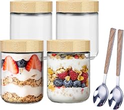 4 x 500 ml Glass Storage Jars with Threaded Lids with 2 Pieces Stainless Steel Spoon for Refrigerator, Dining Table, Kitchen