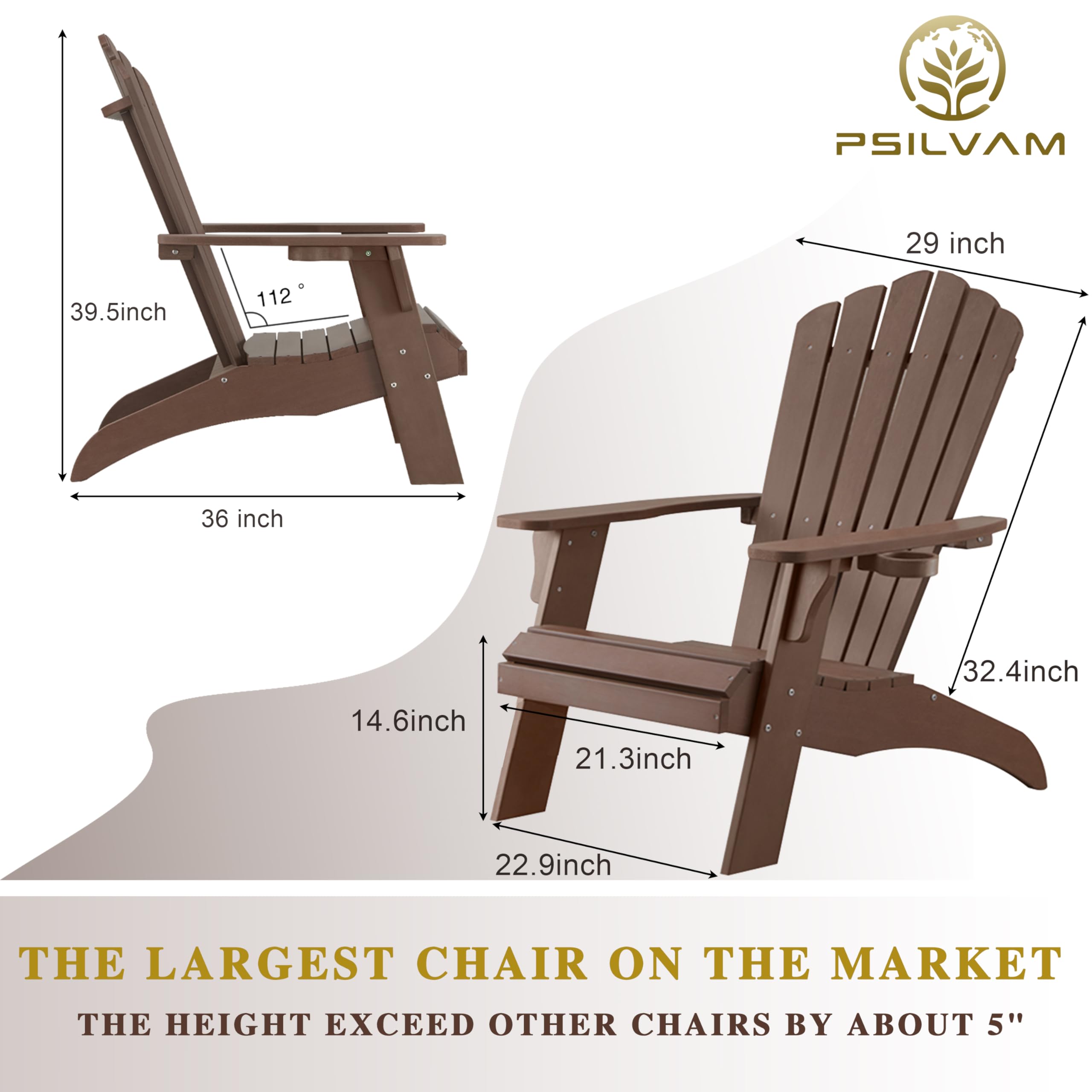 Psilvam Adirondack - Silla de gran tamaño para hoguera de madera de polietileno con soporte para tazas, sillas de patio de apoyo de 350 libras para jardín, asientos al aire libre resistentes a la