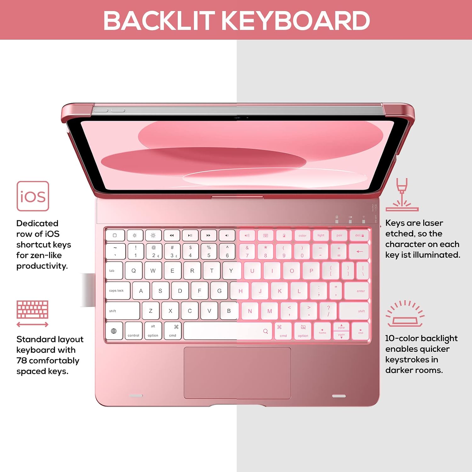 typecase Touch iPad 10th Generation Case with Keyboard (10.9", 2022), Multi-Touch Trackpad, 10 Color Backlight, 360° Rotatable, Thin & Light for Apple iPad 10th Gen 10.9 (Rose Gold)
