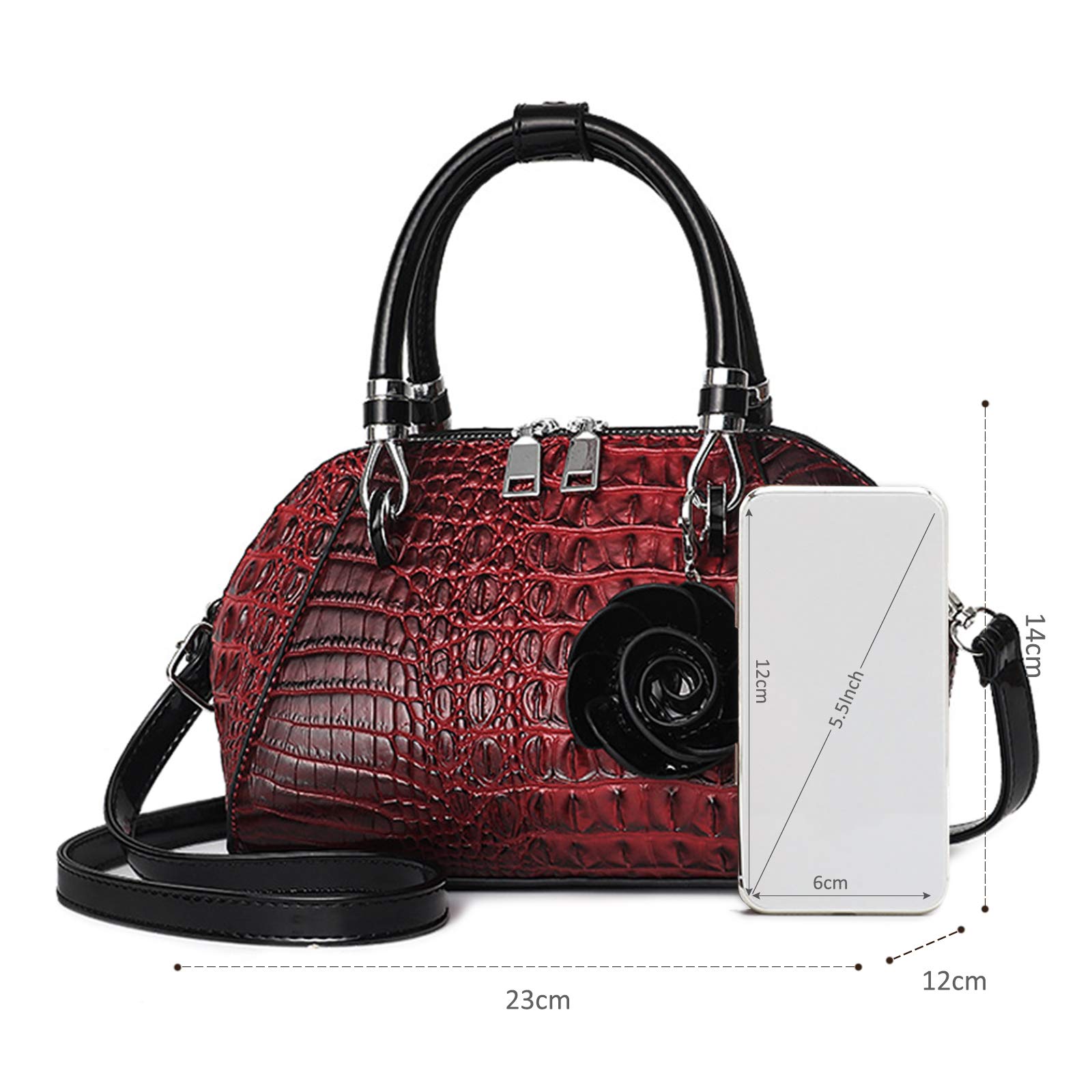 NICOLE & DORIS Bolsos de Mujer Bolsos de Hombro Retro Bolso Bandolera con Dos Cremalleras Bolso de Cuero PU Bolso con Colgante de Pétalo Rojo