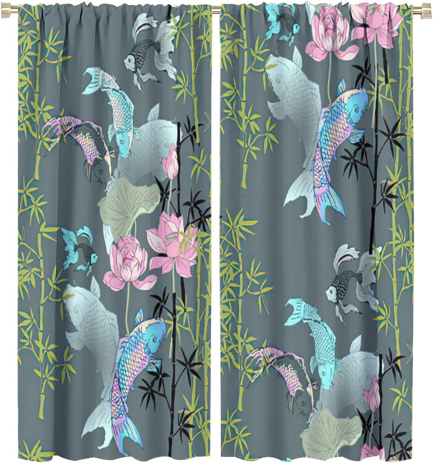 Japanese Koi Fish Curtain, Bamboos Lotus Koi Fish Japanese Traditional Style Room