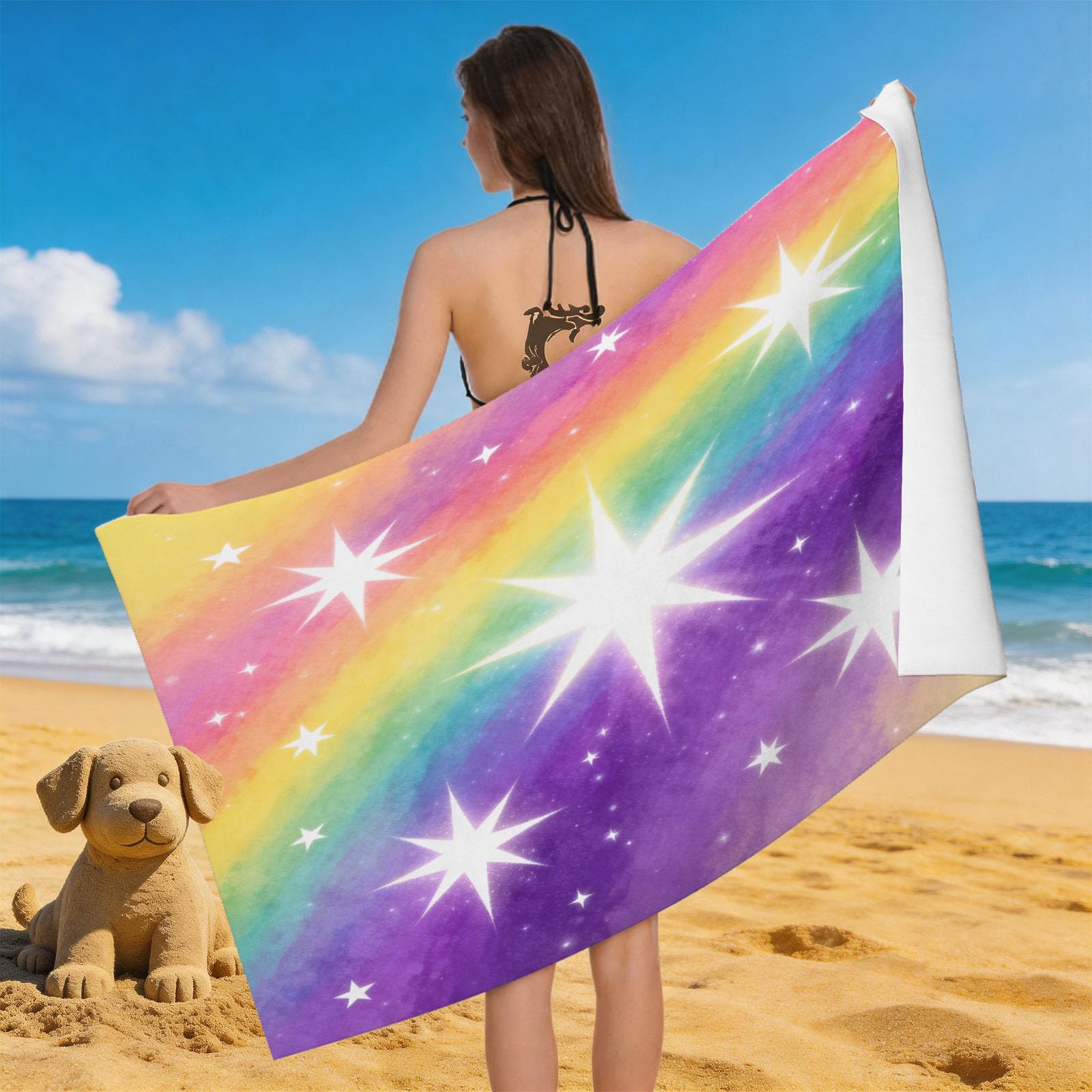 Leichong Men's Multicolour 3D Dreamy Rainbow Beach Towel Microfiber Soft Quick Dry For Adults, Starlight Bath Towel Lightweight Soft Absorbent For Travel Swimming Pool Sports, 75 X 150 Cm