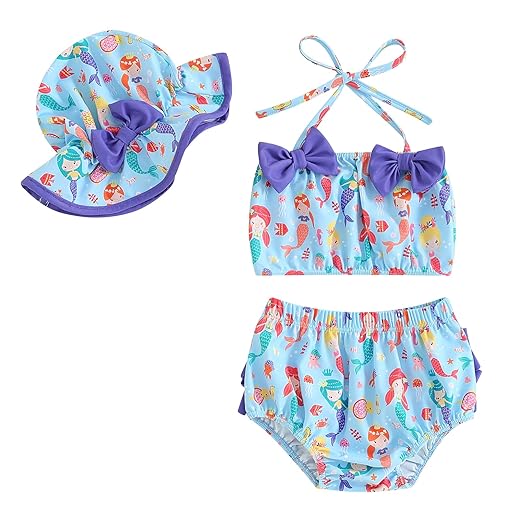 Roupa de banho infantil de duas peças, biquíni sereia, short com chapéu de sol