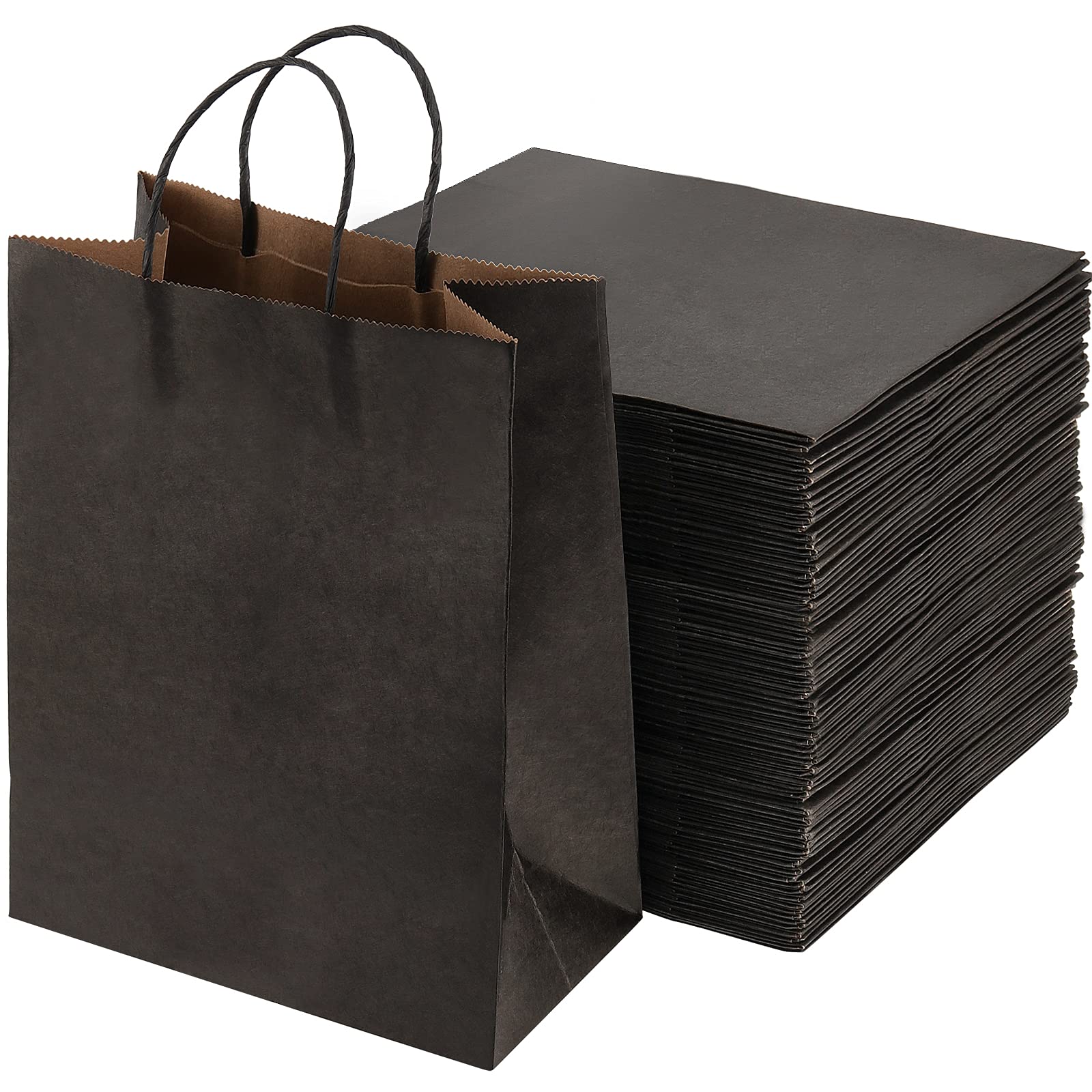 SEUNMUK 50 Pcs Black Kraft Paper Bags, 140 gsm Large Kraft Bags with Handles Black Retail Bags for Shopping, Business, Gift Packaging 21 x 11 x 27 CM