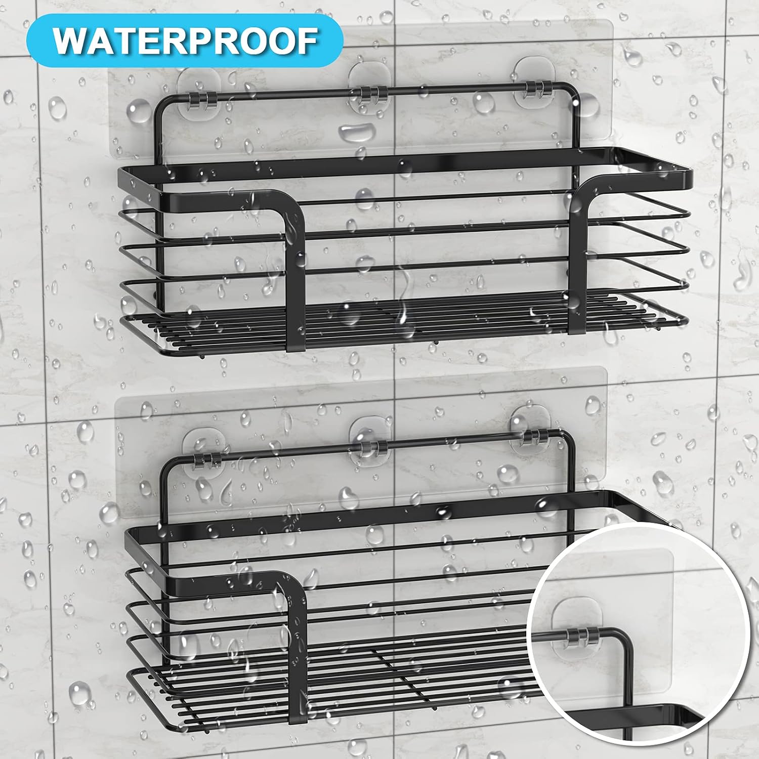 ODesign Shower Caddy Basket Shelf for Shampoo Conditioner Adhesive Bathroom Storage Organizer SUS304 Stainless Steel Rustproof No Drilling - 2 Pack (Black)