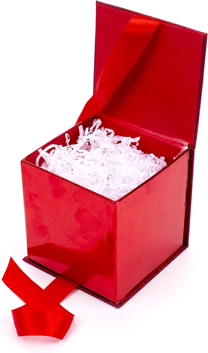 Hallmark Small Gift Box with Bow and Shredded Paper Fill (Red Signature 4 inch Gift Box with Glitter) for Birthdays, Graduations, Anniversaries, Christmas, Valentine's Day, All Occasion
