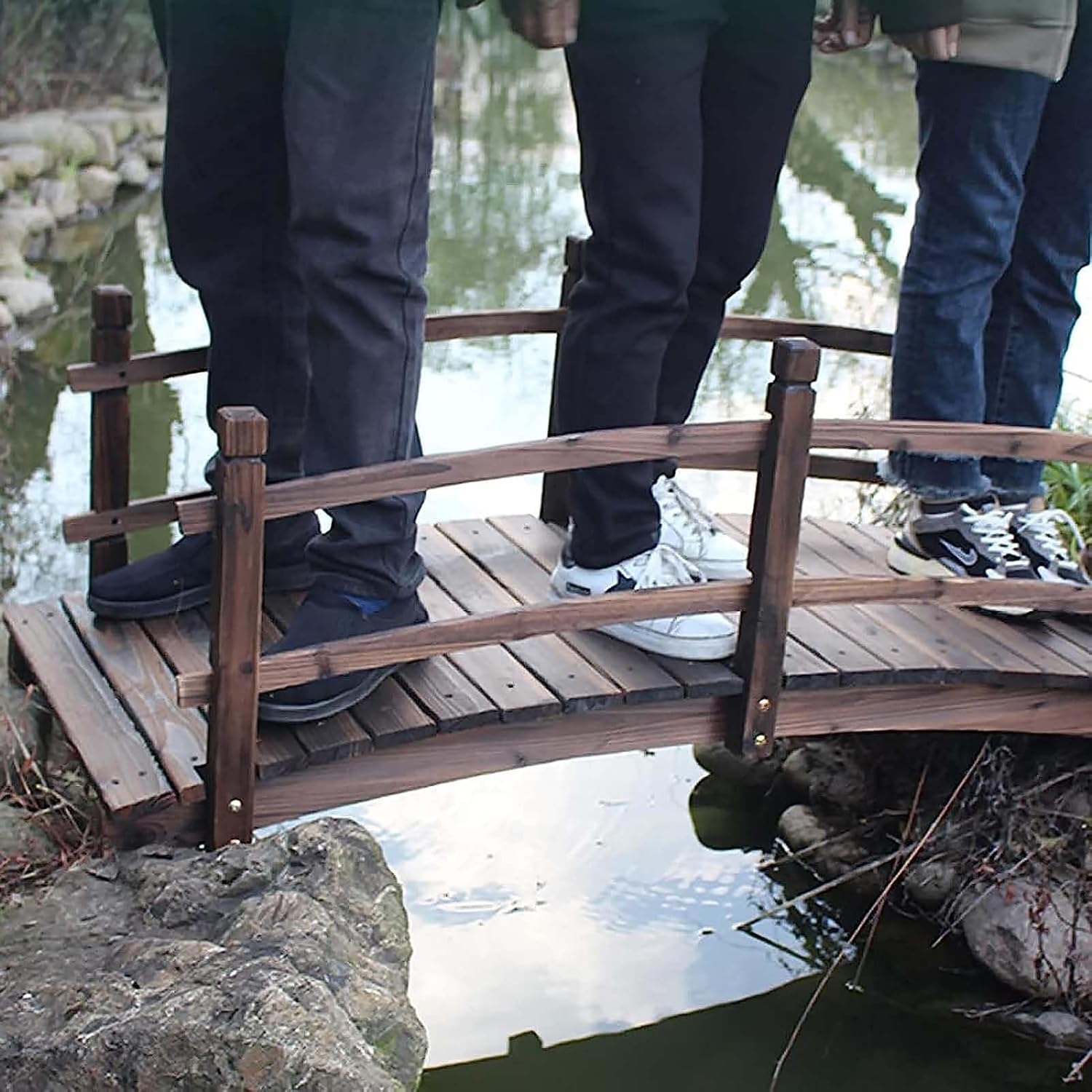 4.6ft Small Wooden Bridge for Garden, Wedding Party/Graduation Ceremony Decor Arched Footbridge with Safety Rails, Outside Clearance Walkway Pavers