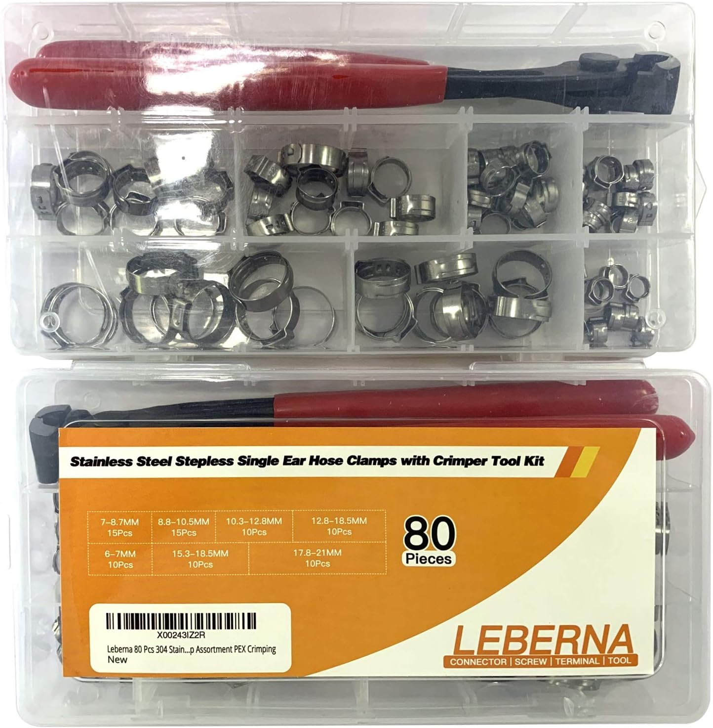 Leberna 80 Pcs 304 Stainless Steel Stepless Single Ear 7-21mm Hose Clamps with Pincers Crimper Tool Kit | Securing Pipe Hoses Automotive | Cinch Rings Pinch Clamp, Crimp Clamp Assortment PEX Crimping - - 