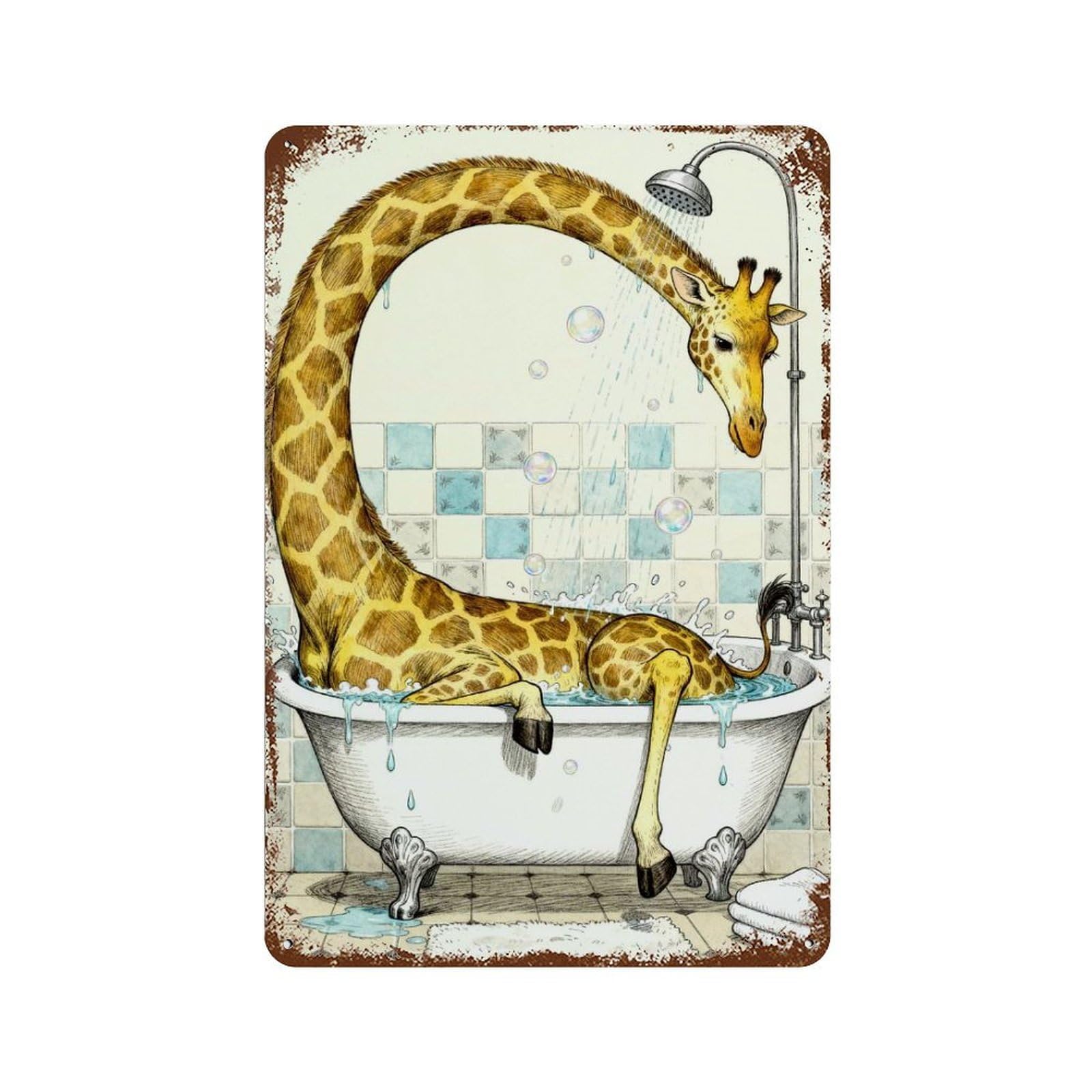 Garage Style Giraffe Have Difficulty Taking A Bath Illustration Rusty Metal Tin Sign 11.8"x7.9", Novelty Wall Decor for Bar And Workshop