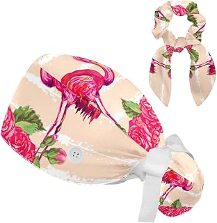 FVQL 2 Pieces Surgical Cap for Long Hair Scrub Cap with Hairband Nurse Cap, Flower Leaf Flamingo and Stripe