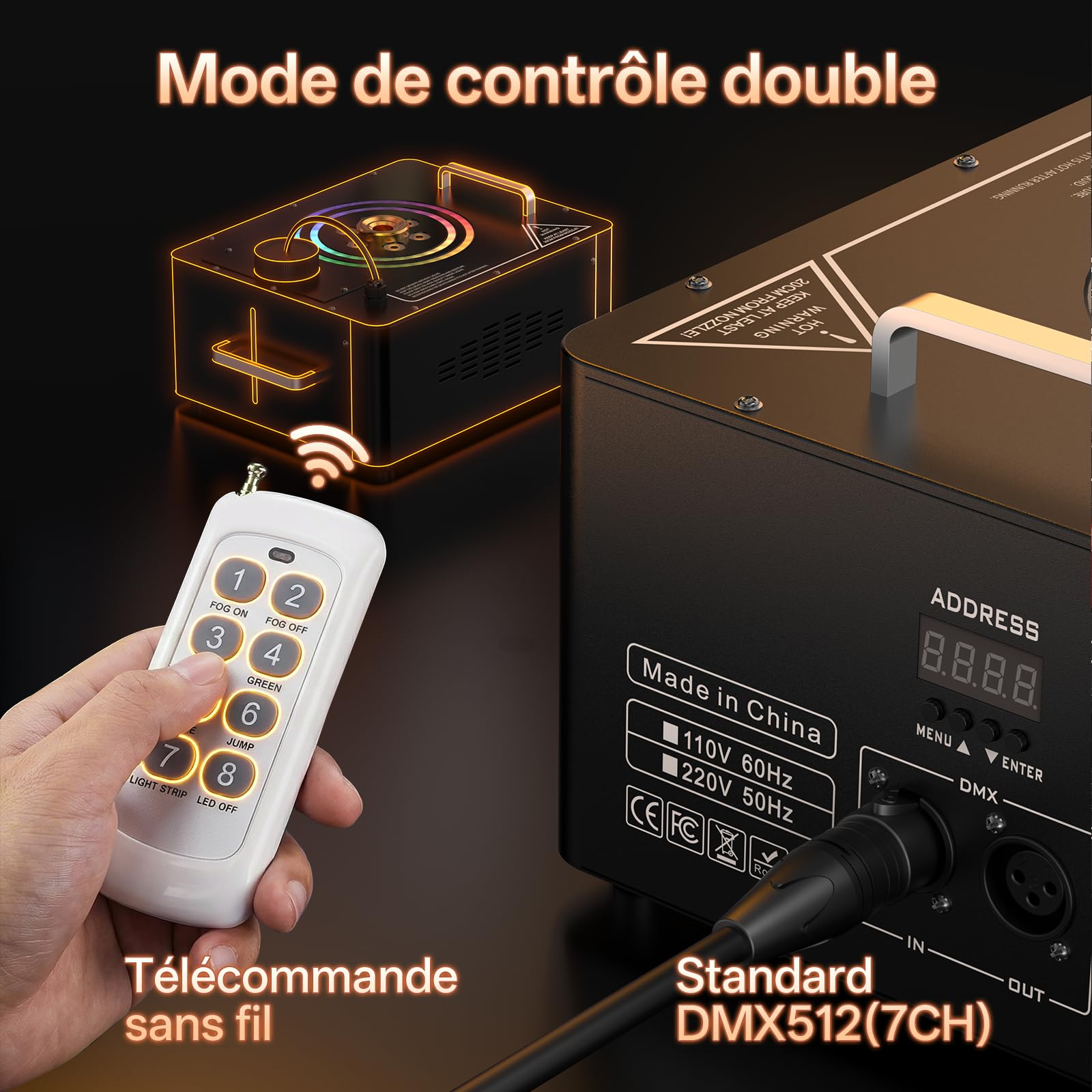 Máquina de Humo, 1500W Suspendible Fog Machine DMX con 6 RGB LED y Anillos Luminosos, 3000CFM con Remotos Inalámbricos y 4 Efectos de Iluminación para Halloween Navidad Fiesta Bodas DJ