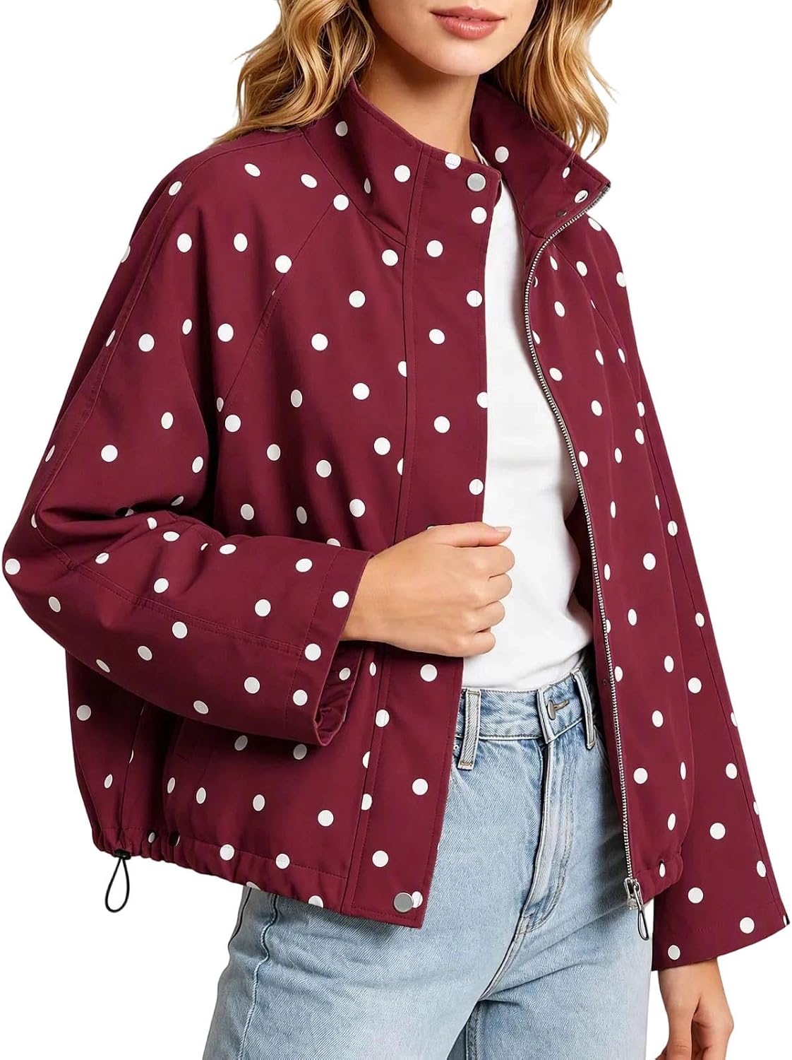 Women's Polka Dot Zip Up Jacket Stand Collar Casual Drawcord Coat