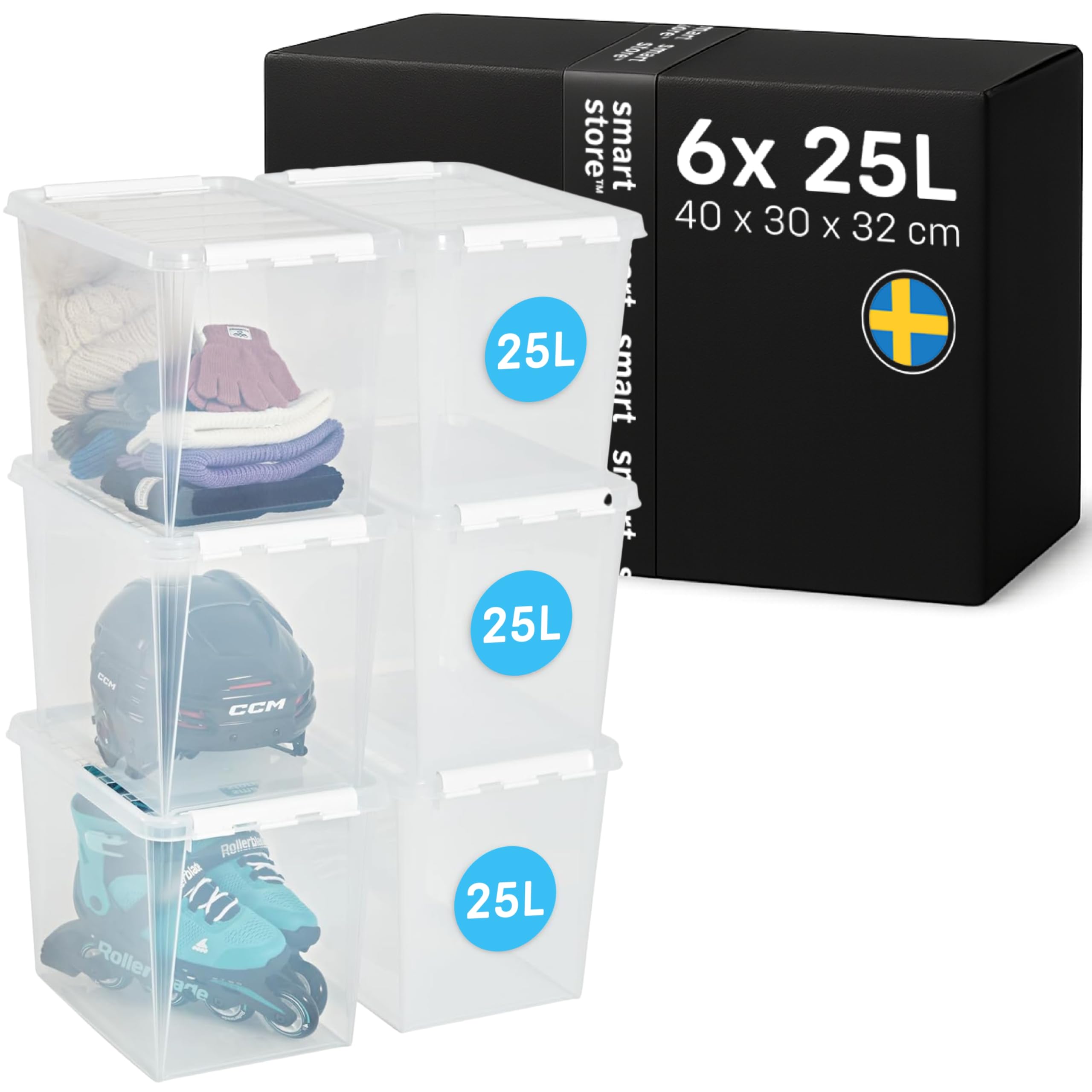 SmartStore - 6x Aufbewahrungsbox mit Deckel Classic 25L (40x30x32cm) | Stapelbare Box mit Deckel | Lebensmittelechte Kunststoffbox | Plastikbox mit Deckel & verstärkten Ecken | 10 Jahre Garantie