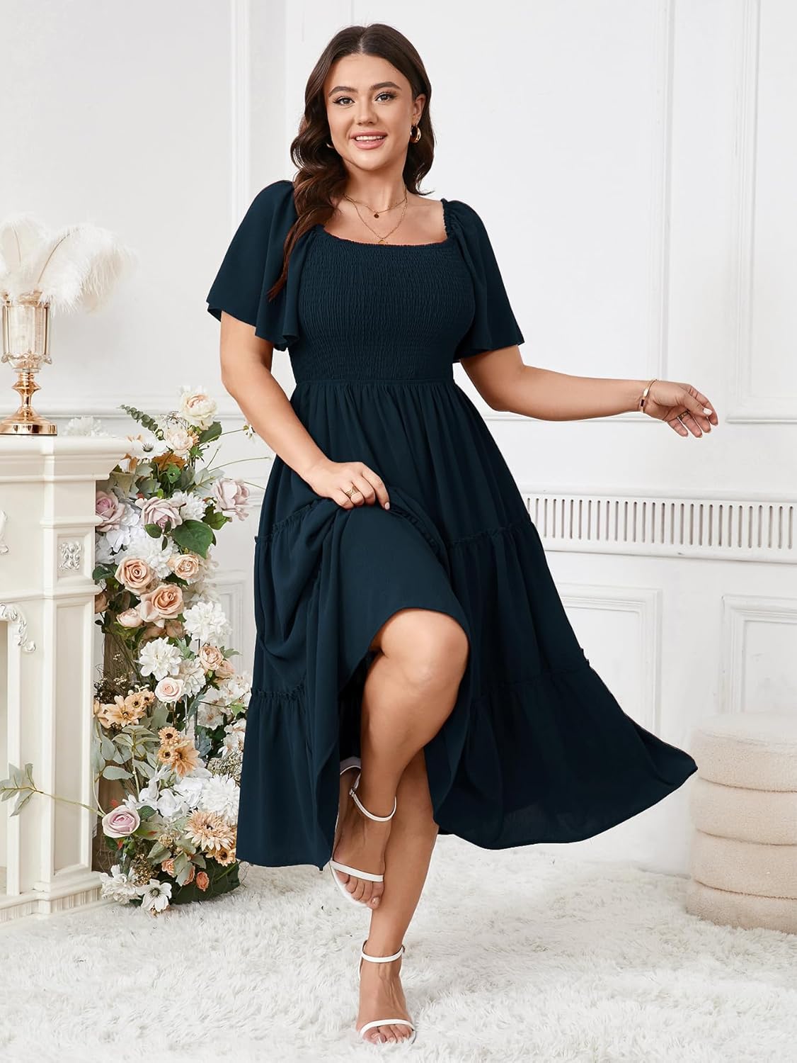 SCOMCHIC Women's Plus Size Dresses Short Sleeve Square Neck Smocked Flowy A-Line Boho Wedding Guest Cocktail Maxi Dress - Image 3