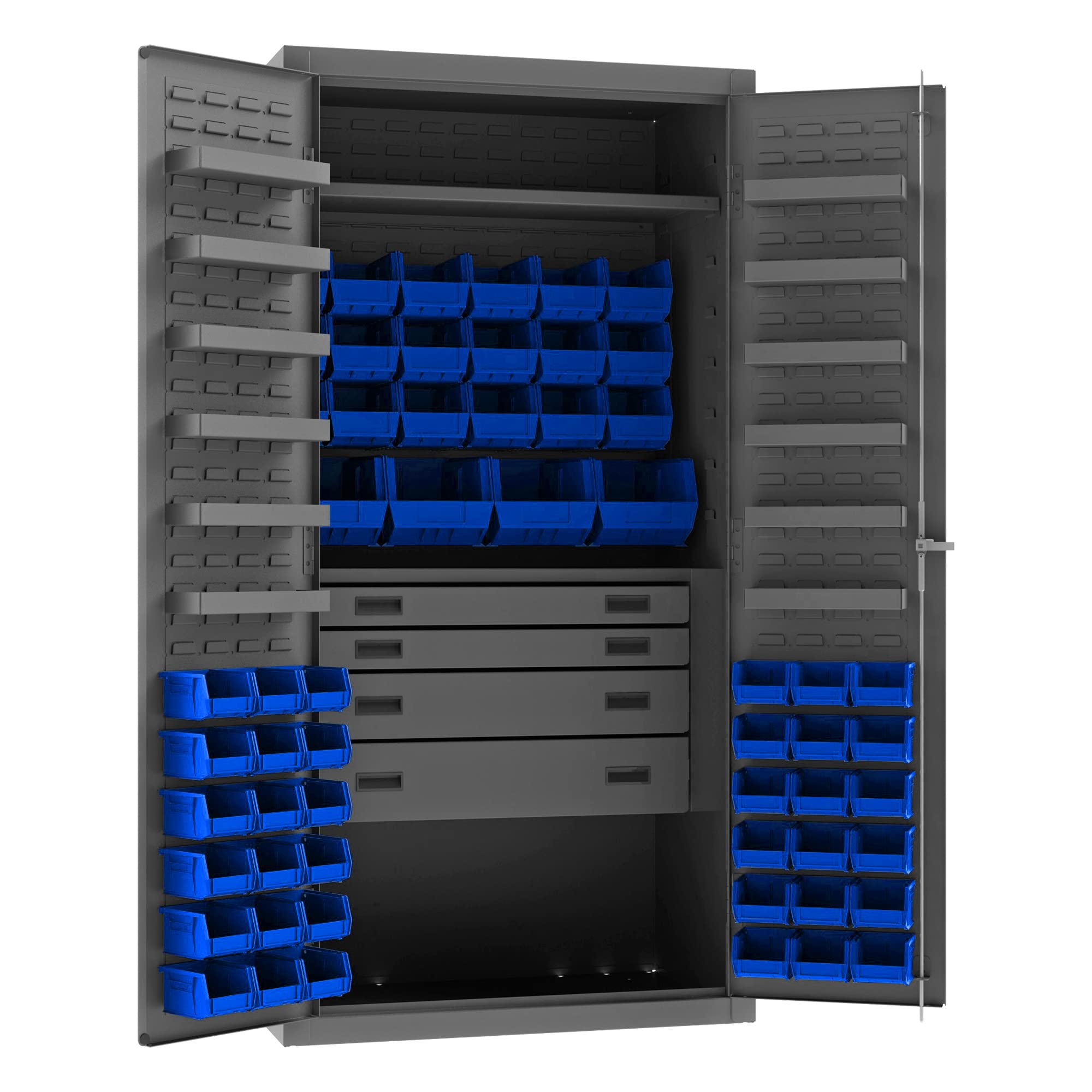 Photo 1 of ** SCRATCHES/DIRT**Durham 3501584RDR-5295 Lockable Cabinet with 58 Blue Hook-On Bins, 1 Adjustable Shelf, Flush Door Style, 1 Fixed Shelf, 4 Drawers, 12 Door Shelves, 36" Wide, 14 Gauge, Gray