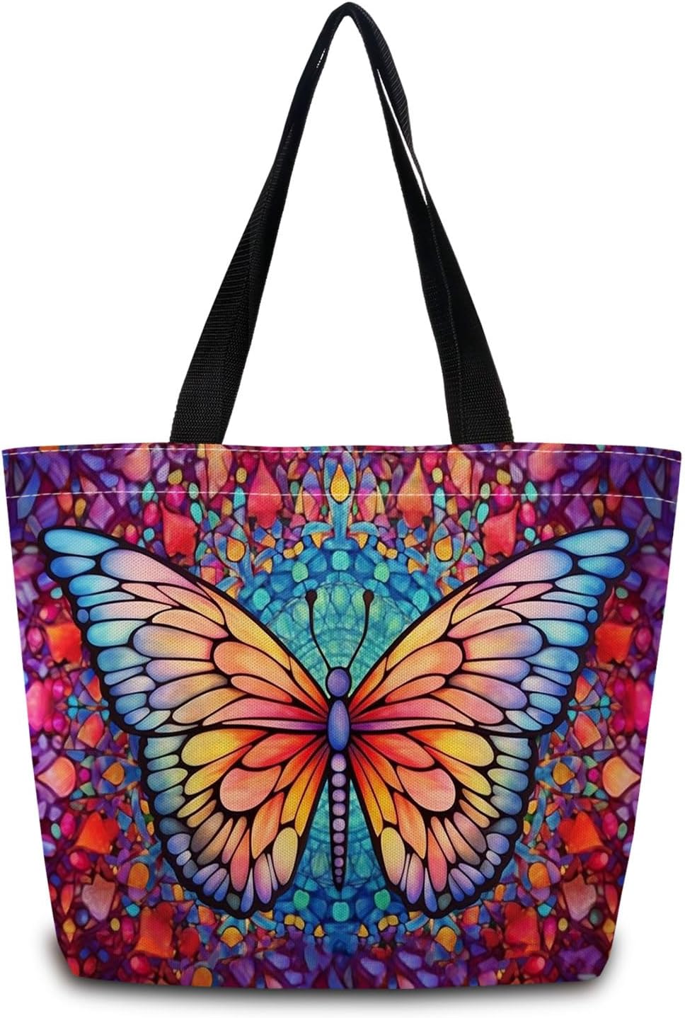 Stained Glass Butterfly Tote Bag Reusable Grocery Bags Cute Aesthetic Shopping Shoulder Handbag with Interior Zipper Pocket Stylish Stained Glass Butterfly Present for Women -1