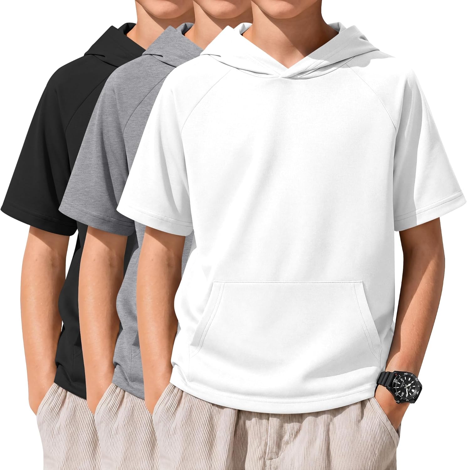 Xaatren 3 Pack Boys Short Sleeve Hoodie Kids Summer Hooded Pullover Shirts with Pocket Teen Athletic Hoodie Sweatshirt