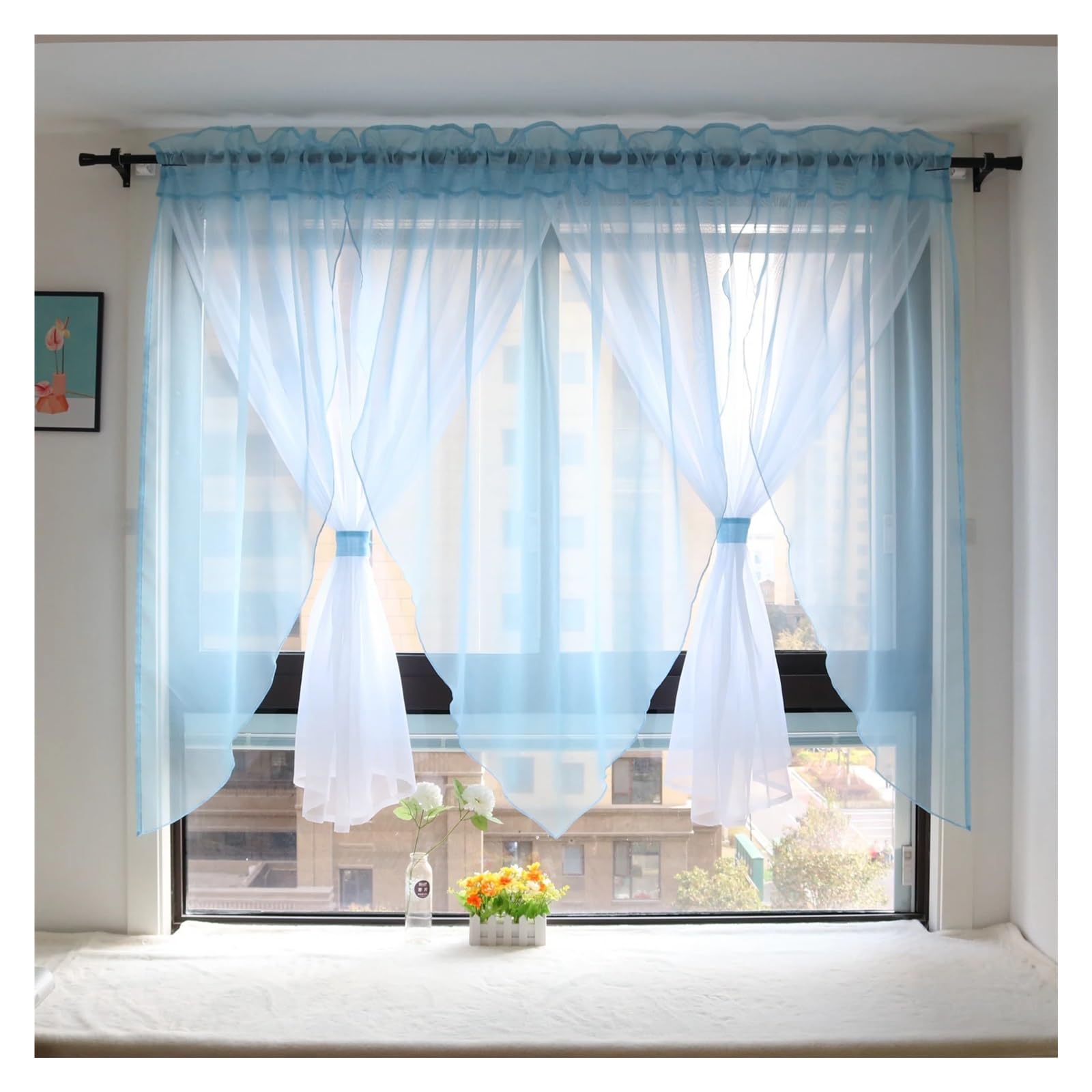 MKYYIOED Short Curtains Solid Voile Veil Livingroom Balcony Bedroom Curtain Sheer Short Kitchen Window Treatments(SKY BLUE,ROD-POCKET_W200CM X H100CM)