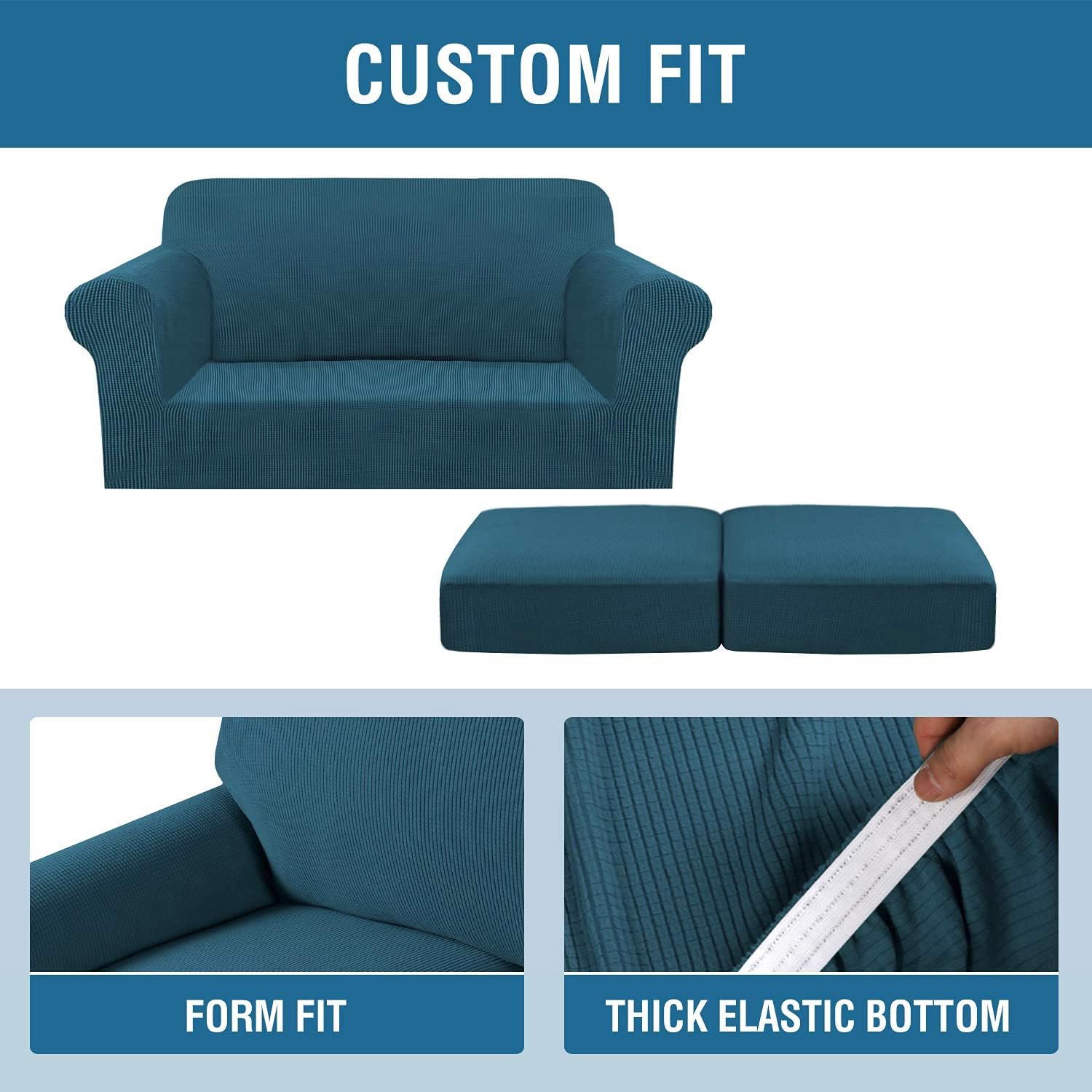 Housse De Canapé Extensible H.VERSAILTEX 3 Places - Tissu Jacquard à Carreaux, Bleu Sarcelle Foncé - Anti-glisse, Lavable