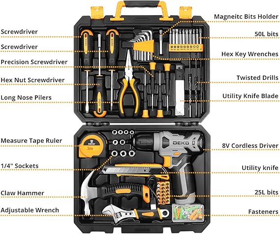 DEKOPRO Tool Set:Tool Kit with 8V Cordless Drill,Tool Box with Drill,Hand Drill Set for Men & Women,Home Tool Kits for House Repair,Handyman,DIY 126 Piece