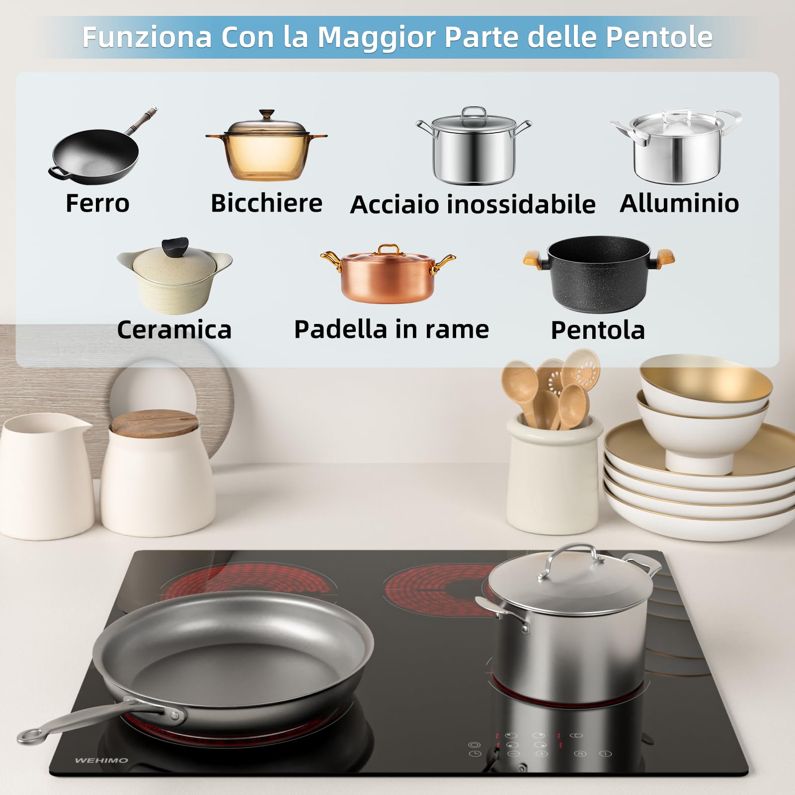 WEHIMO Piano Cottura Elettrico 4 Fuochi, 7200W, Piano Vetroceramica, Drehknopfsteuerung, 9 Livelli di Riscaldamento, Timer, Blocco di Sicurezza per Bambini, Adatto a Tutte le Pentole - 5