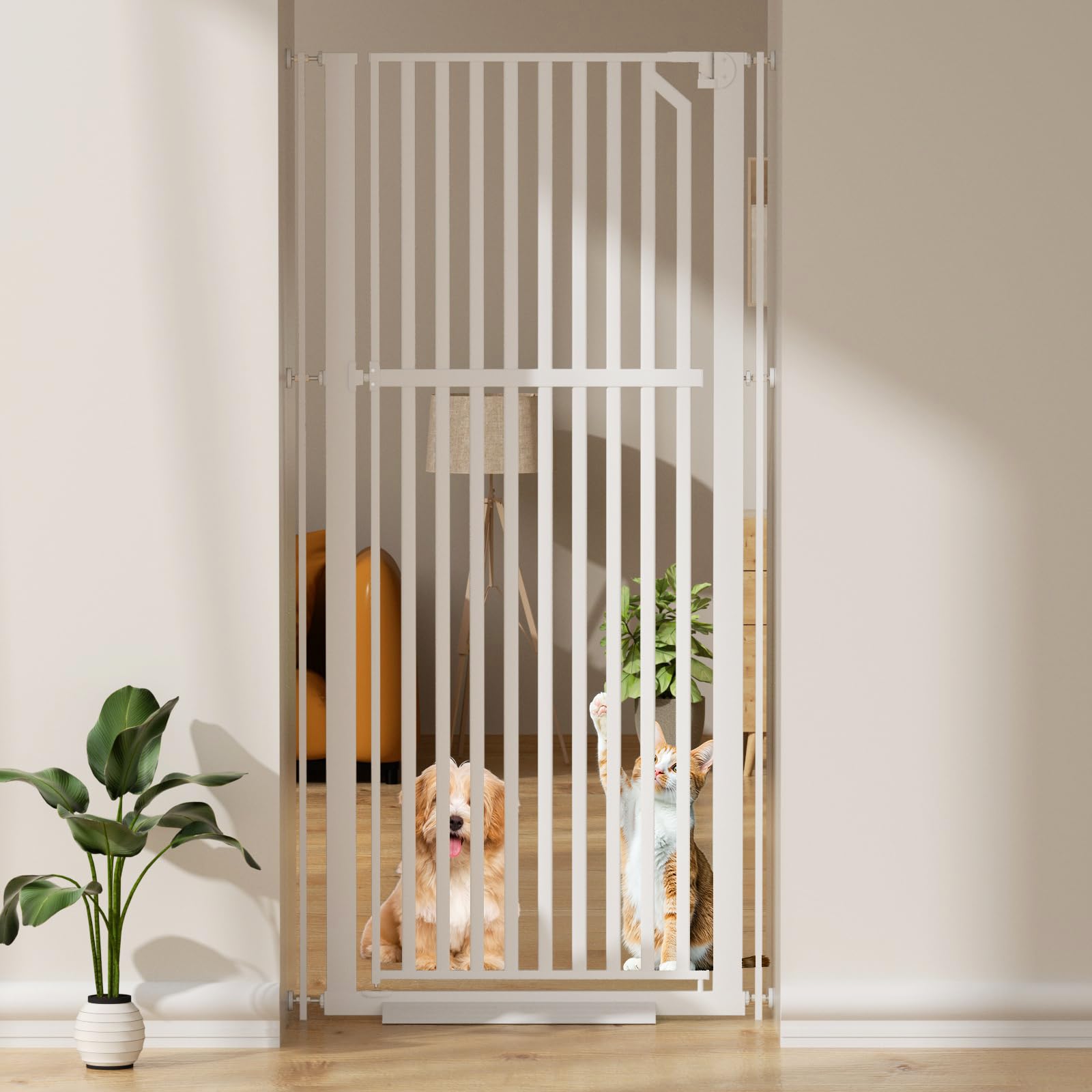 YUFU 63" Extra Tall Pet Gate, 30"-33.9" Width Adjustable, Pressure Mounted Auto-Close Cat & Dog Gate for Doorway, Stairway, Kitchen & Hallway (White)