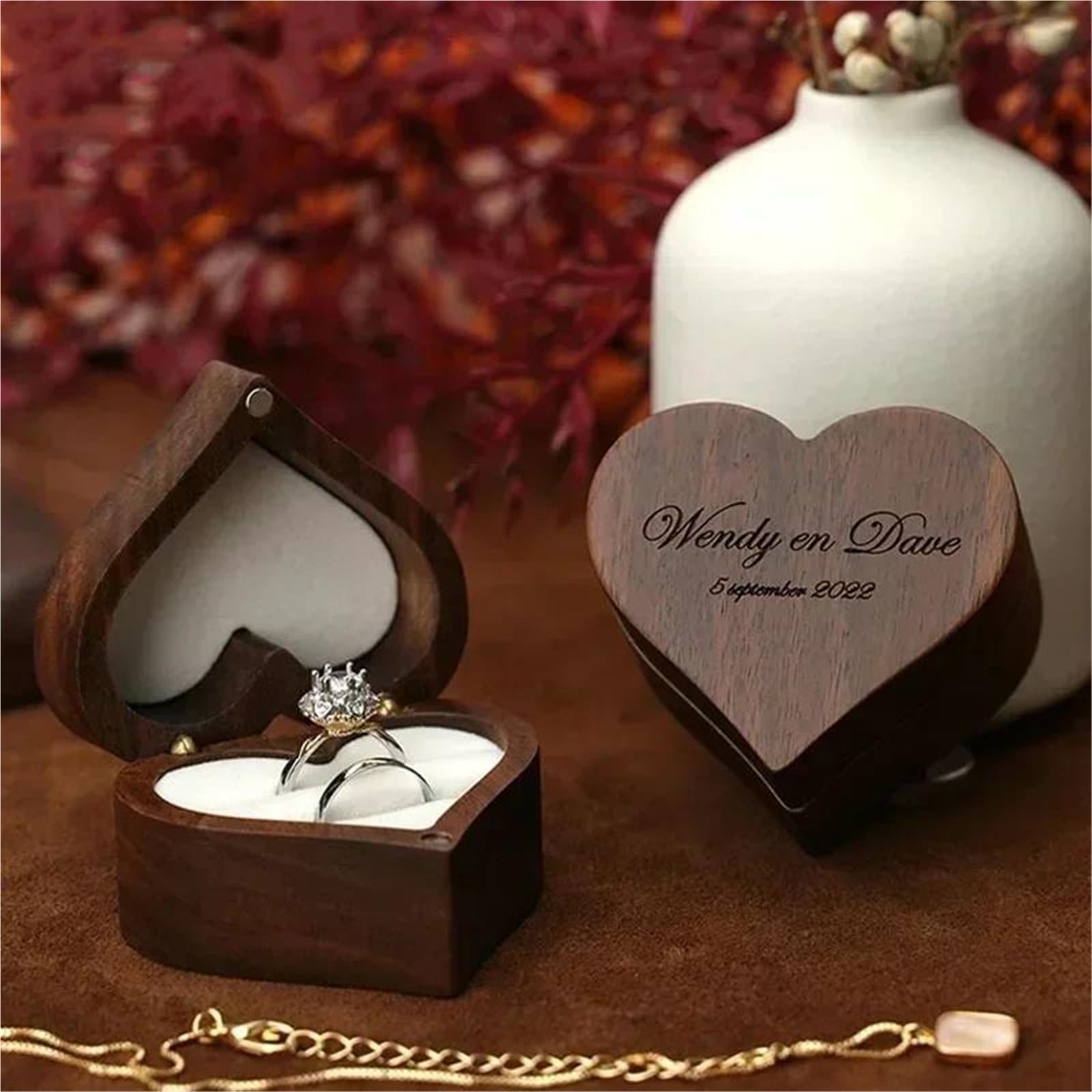 Joyeros Joyero Viaje Para Ceremonia Boda Caja Joyería Propuesta Almacenamiento Regalo Boda 1 Uds Grabado Gratis Caja Anillo Madera Nogal Con Forma Corazón Amor(7*6*4cm) Organizador De Joyas Joyero Mad