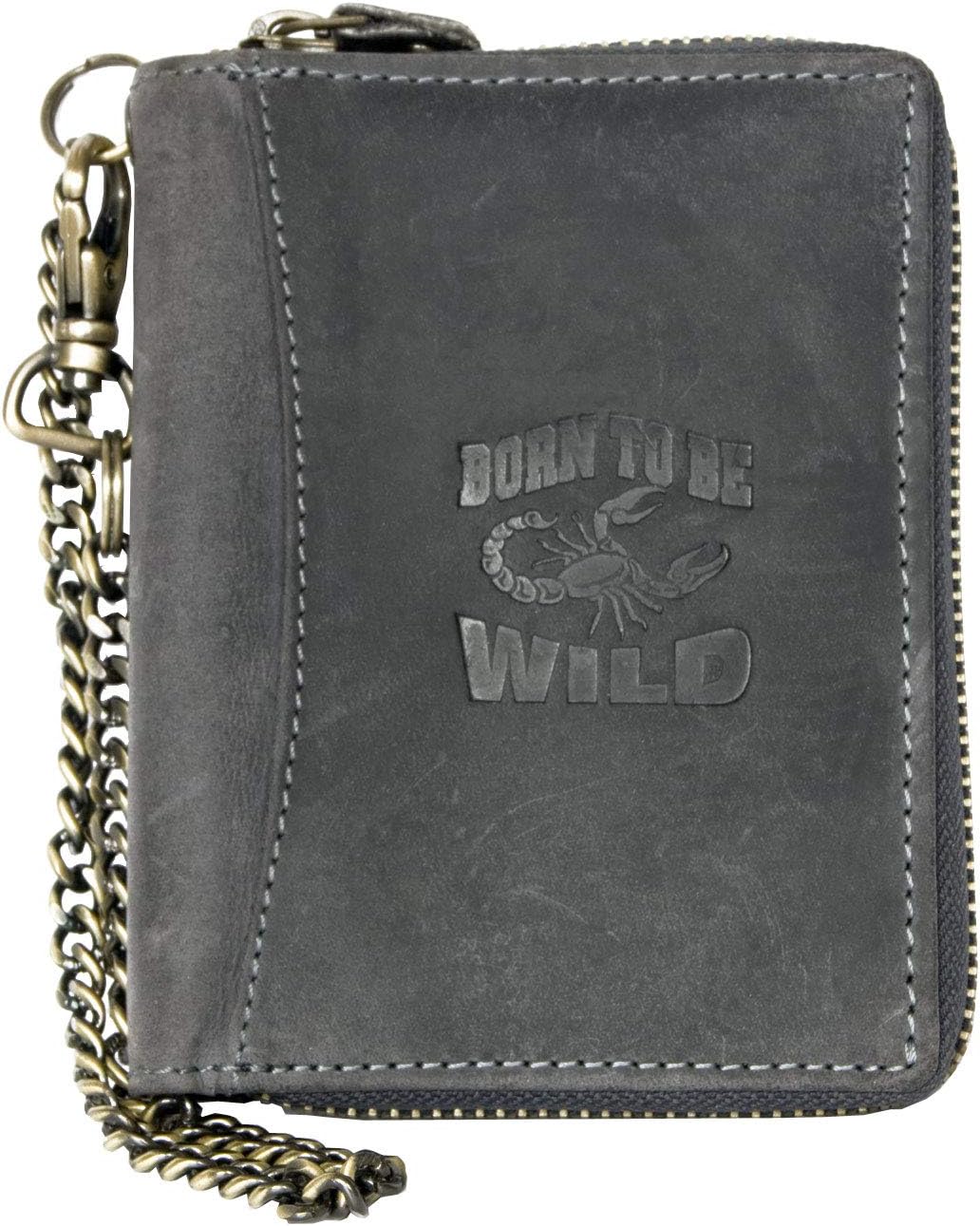 Grey Metal Zip-around (zipper around) Large Genuine Leather Wallet Born to Be Wild with Scorpion