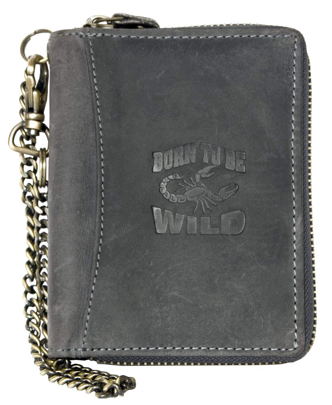 Grey Metal Zip-around (zipper around) Large Genuine Leather Wallet Born to Be Wild with Scorpion