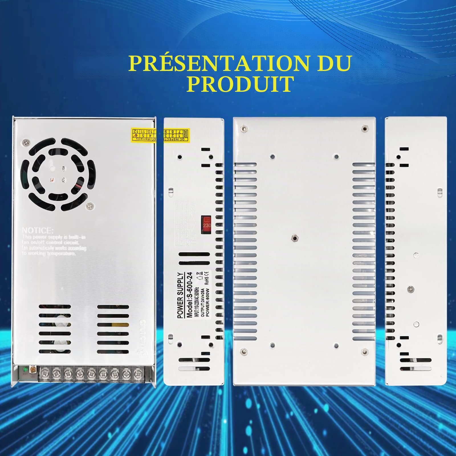 Alimentation universelle 24V 25A 600W DC régulée Driver LED AC-DC Convertisseur