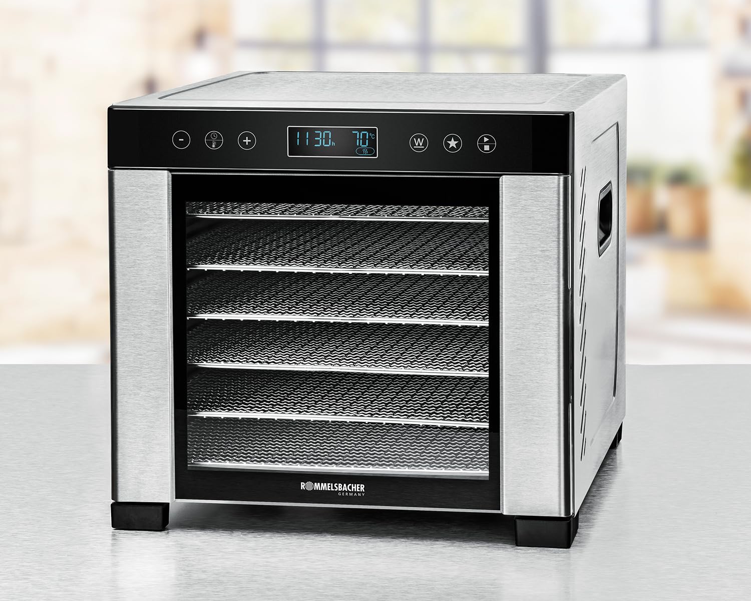 ROMMELSBACHER Deshidratador DA 950, superficie de secado 0,6 m², 6 bandejas de deshidratación de acero inoxidable, función de mantenimiento del calor, programa favorito, temporizador de 99 horas