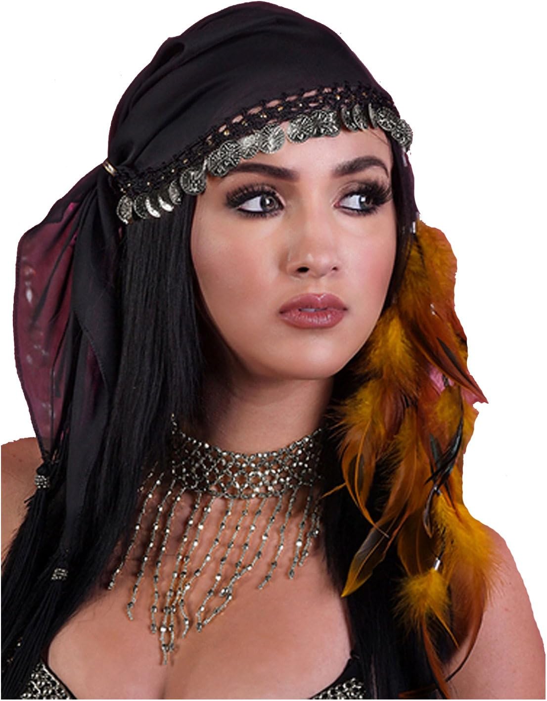 Gypsy Head Scarf with Coins (Black/Silver)