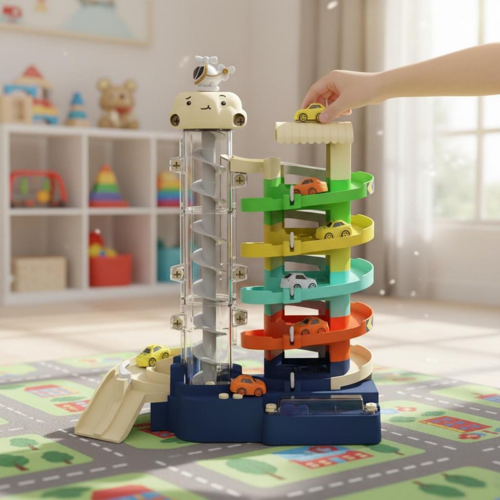 Kinder Parkspiel Garage Spielset Autorennbahn Fahrzeugrampe Parkhaus Elektrolift Elektronik mit Licht Und Musik für Geschenk An Kinder Zuhause Lernspiele, 5-Stöckiges Parkhaus