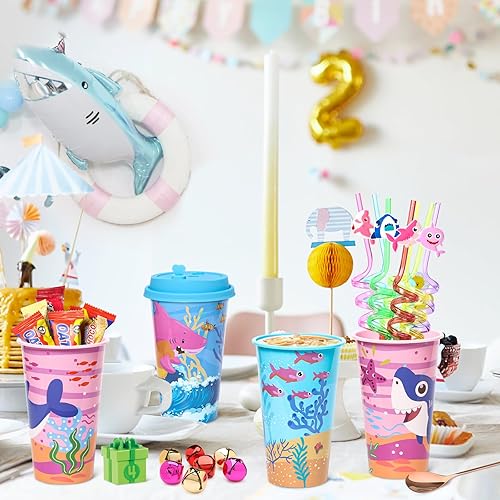 Miniatura 2 de Lidmada Vasos de regalo con tapas para fiestas de tiburón, paquete de 24 tazas de fiesta de cumpleaños en 4 colores, 16 onzas de plástico con
