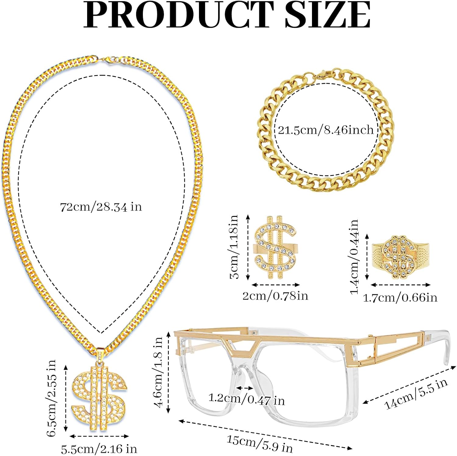 5pcs 80s 90s Hip Hop Costumes Kit with Dollar Sign Chain & Dollar Rings, Fake Gold Chain Bracelet, Disco Glasses Rapper Costumes Accessories for Men Women Cosplay Club Old School Themed Party Supplies - Image 3
