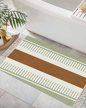 Sage Green Stripes Bath Rug 2x3ft Woven Bathroom Entryway Runner Rug,Contemporary Geometric Brown Boho Washable Living Room Hallway Bedroom Kitchen Carpet with Tassels Indoor Outdoor Throw Doormat