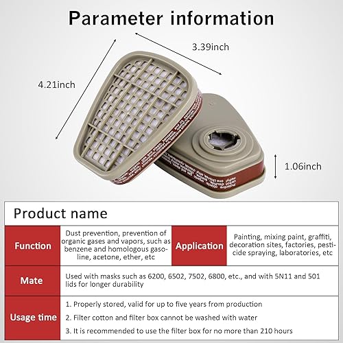 Miniatura 5 de Cartuchos y filtros de respirador - 6001 cartuchos de filtro para respirador, filtro de partículas que protegen contra vapores orgánicos, polvo y