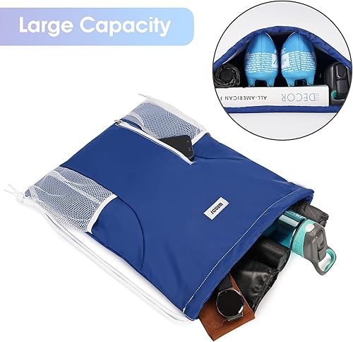 Miniatura 2 de WANDF - Mochila con cordón para deportes y gimnasio, bolsa de cordón con bolsillos de malla, resistente al agua, para mujeres y hombres, Azul