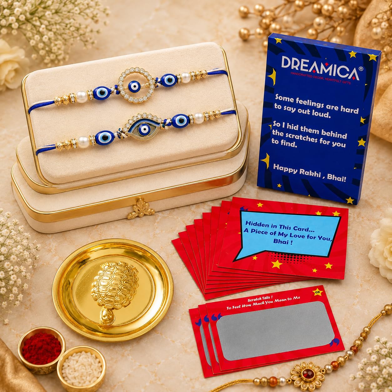 Dreamica Set of 2 Designer Rakhi with Tortoise Plate Showpiece, 8 Scratch Message Cards, Roli Chawal Pack & Printed Greeting Card | Rakhi Gift Hamper for Brother. (Rakhi-123)-image-38