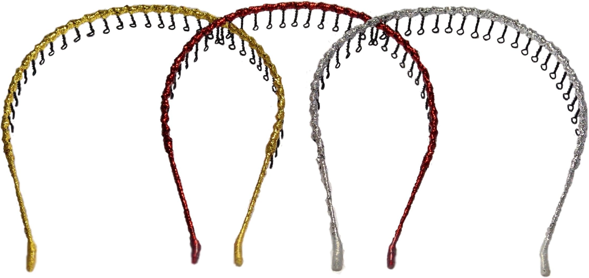 Quality Womens Ribbon Wrapped Comfort Headbands Shapeable for a Custom Fit (One Silver, One Red, One Gold)