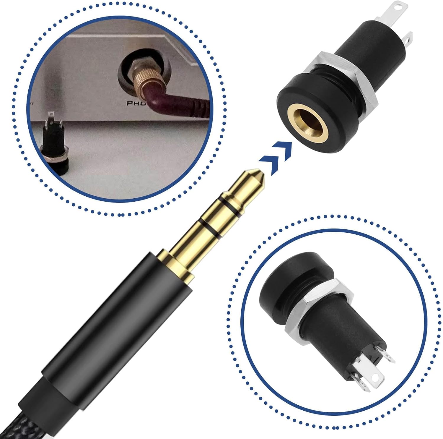 5PCS 3.5mm Audio Jack Socket 3 Pole Stereo Socket Connector Headphone Jack Connector Stereo Solder Panel Black with Nut