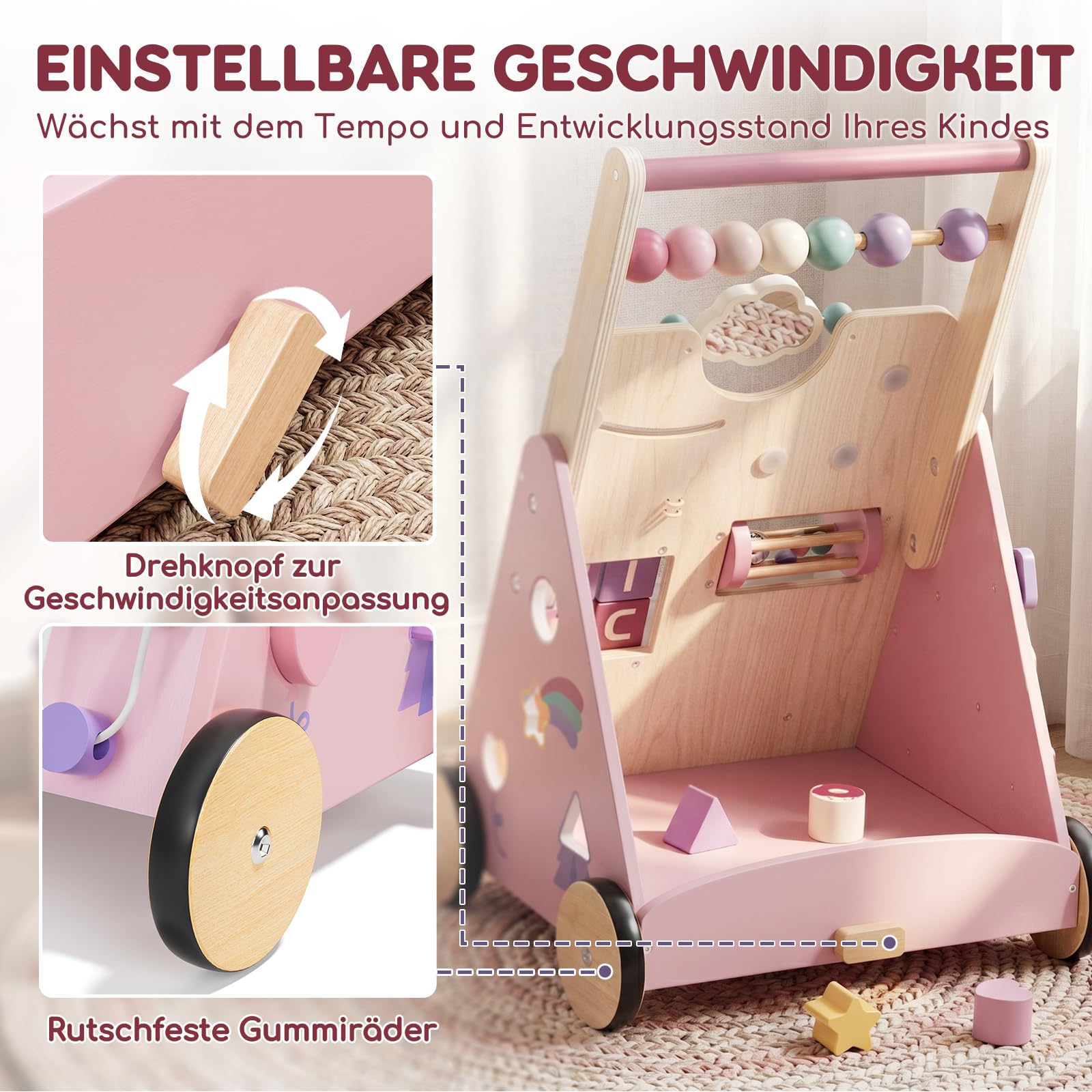 Lehoo Castle Lauflernwagen Holz mit Bremse, Einhorn Laufwagen ab 1 Jahr | Einstellbare Bremse, 10-in-1 Activity Center, Einfache Montage, Rosa Einhorn-Design, Geschenk 1 Jahr Mädchen
