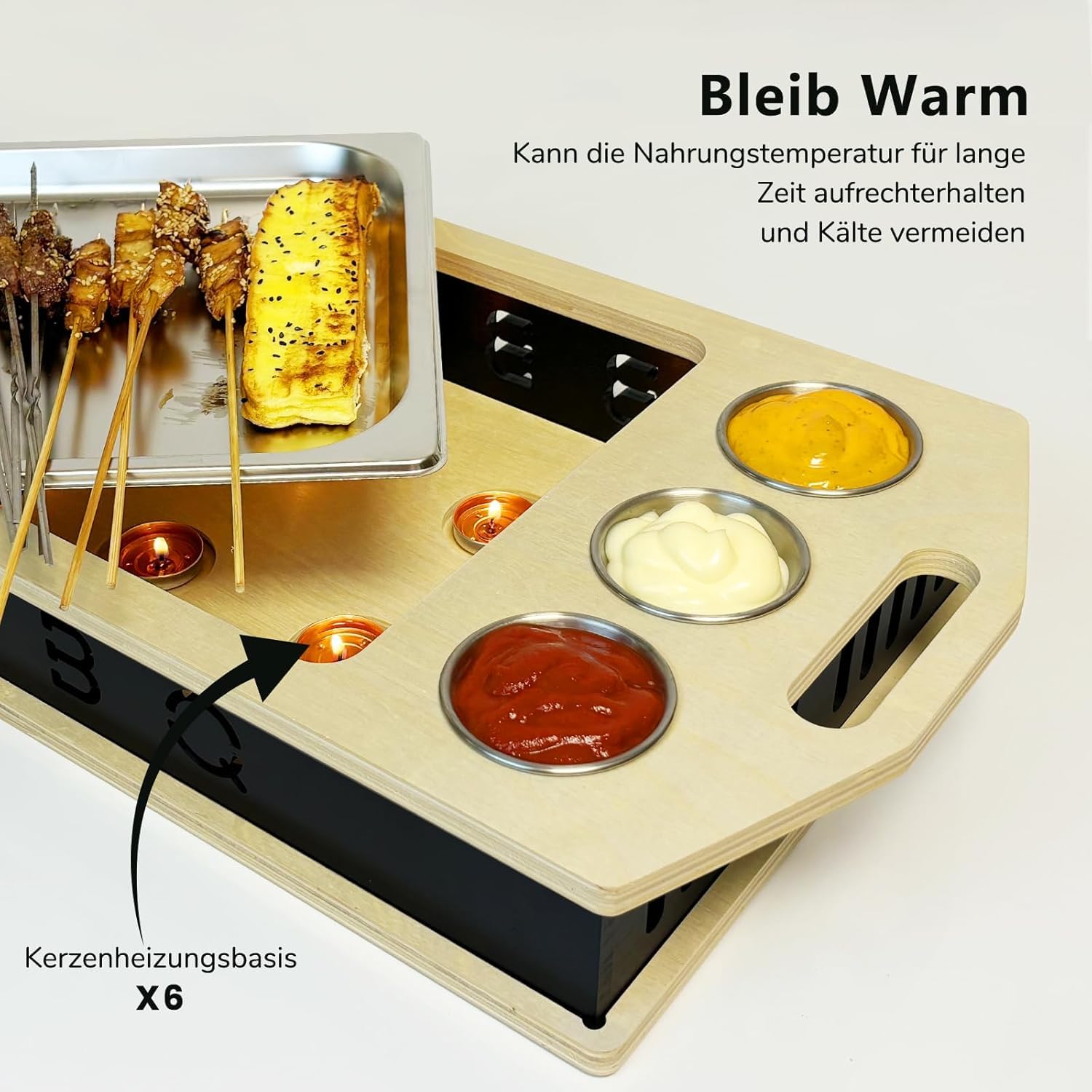 Fleischwarmhalter fürs Grillen, BBQ Board mit Edelstahl Schälchen, Umweltfreundliche Materialien, Grillgut Stövchen für Potlucks BBQ-Party Versammlungen(X)