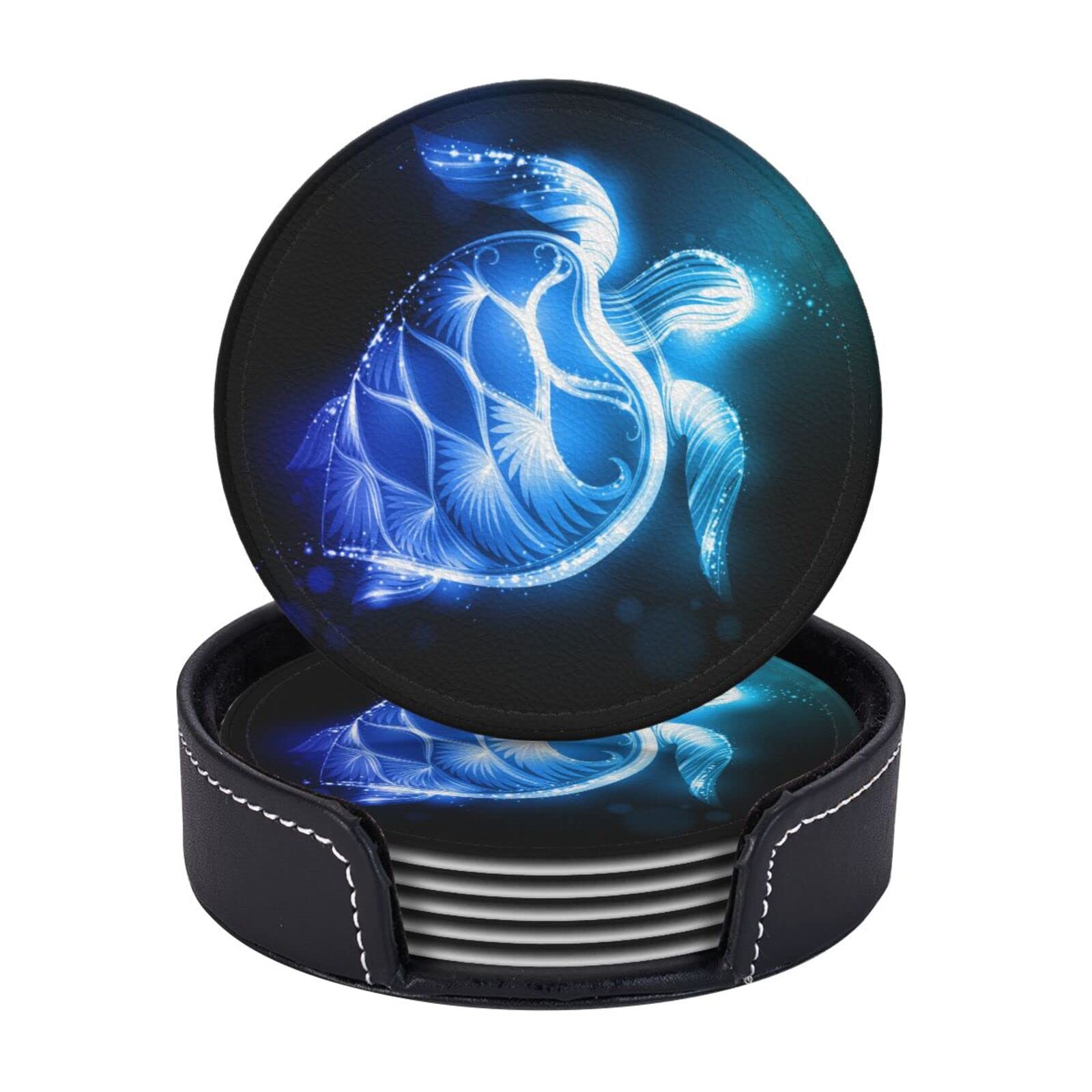 Vibiliyou Turtle Leather Abstract Fantasy Ocean Sea Coasters Sets 6 Pcs for Drinks with Holder Coaster Drink Table Cup Coasters for Kitchen Coffee Living Room Decor