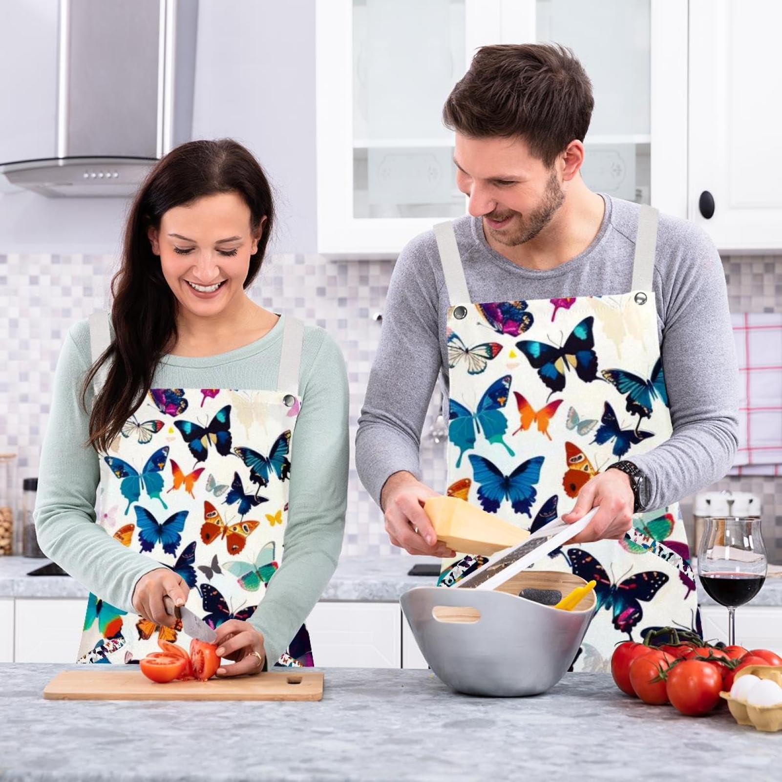 Lot de 2 tabliers de cuisine avec 2 grandes poches pour homme et femme Motif papillons, Art Multi Papillons, L:26.2x34.6in/66.5x88cm;M:26.2x26.6in/66.5x67.5cm