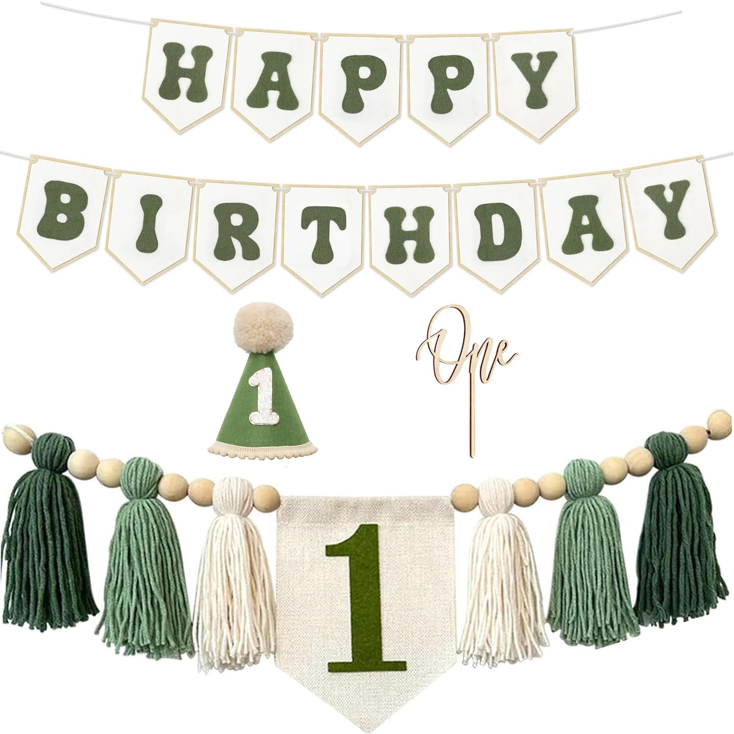 1st Birthday Highchair Banner Decorations For First Boys Khaki Cone Hat With One Cake Topper Photo Backdrop (Green One 6)
