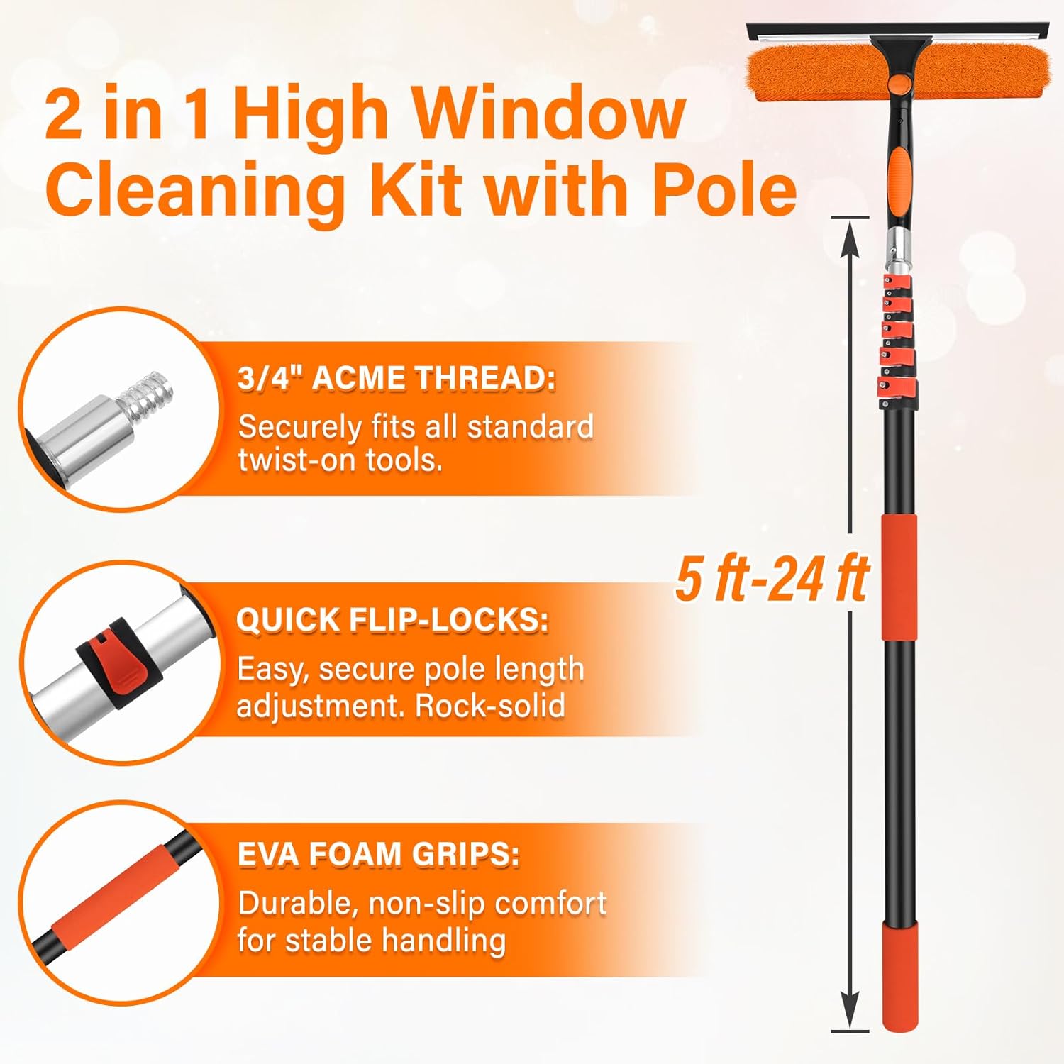 30FT Telescoping Window Cleaning Kit with 14" Squeegee - 2-in-1 Professional Window Scrubber & Extension Pole - Extra Long High-Reach Glass Cleaner Tool for Indoor & Outdoor High Windows, RV