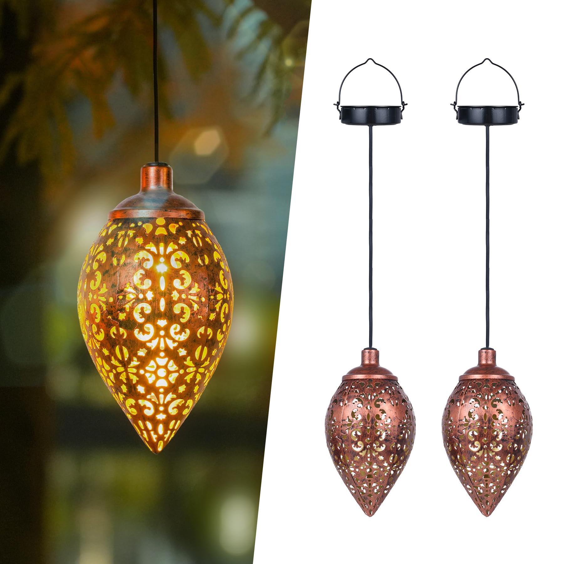 Görvitor Solarlaterne für Außen Hängend, 2 Stück Solarlampen für Außen Garten Outdoor, IP65 Wasserdicht Metall Solar Laterne Hängend für Deko Balkon Terrasse Baum, Geschenke für Frauen Mama