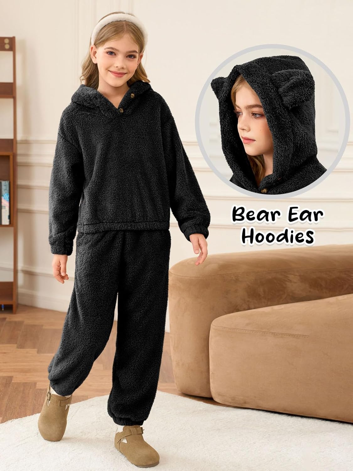 Haloumoning Girls 2 Piece Outfits Kids Fuzzy Bear Ear Hoodies Pullover Sweatshirt and Sweatpants Cute Clothing Sets - Image 4